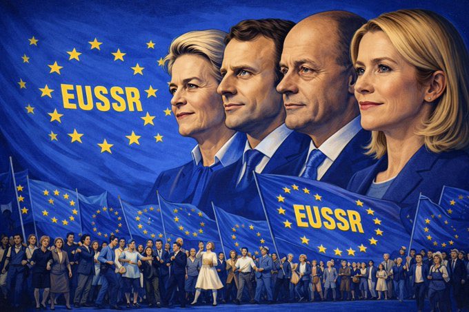 A stylized political illustration featuring European Union leaders alongside 'EUSSR' text on flags, with a crowd of people below.