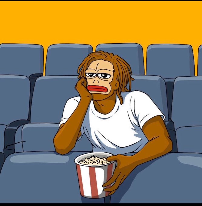A cartoon illustration of a tired-looking person with dreadlocks wearing a white t-shirt, sitting in a movie theater seat and holding a bucket of popcorn.