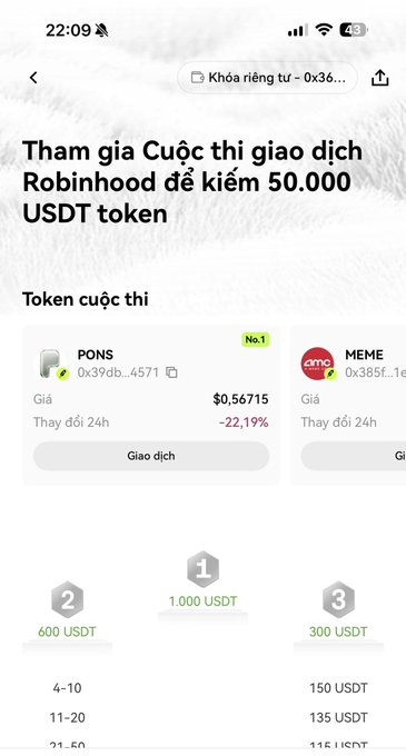A mobile app screenshot in Vietnamese with the heading 'Tham gia Cuộc thi giao dịch Robinhood để kiếm 50.000 USDT token', displaying the 'PONS' token ($0.56715, down 22.19%) and 'MEME' token, along with a ranking of prize tiers (1st: 1,000 USDT).