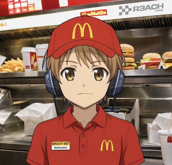 The image features a cartoon boy wearing a red McDonald's uniform, with headphones around his neck. The background shows a McDonald's restaurant with various food items displayed behind him. The caption of the image reads "GM (Get Money) Its a new day....... me and my crypto bros back to 9-5 after lossing our savings to Polymarket".