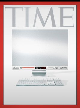 A minimalist artistic image displays the word 'TIME' at the top above a vintage computer monitor and keyboard, with a digital timer reading '05:49:29.37' on the screen.