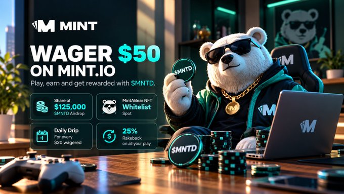 A promotional advertisement for MINT.IO shows a white bear character wearing sunglasses and a gold chain, featuring text "WAGER $50 ON MINT.IO" and benefits like a "$125,000 $MNTD Airdrop" and "MintABear NFT Whitelist Spot".