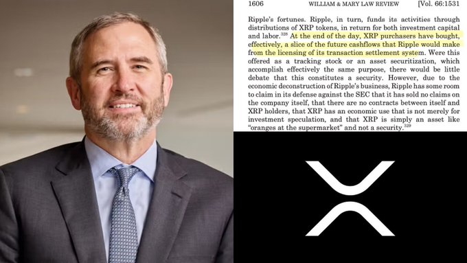 The image shows a smiling man in a dark suit and tie on the left, alongside excerpts from the William & Mary Law Review (Vol. 66:1531) discussing XRP purchasers' claim on Ripple's future cash flows, with the XRP logo displayed in the bottom right corner—visually reinforcing the post's legal interpretation that XRP holders possess equity-like economic rights to the company's revenue.