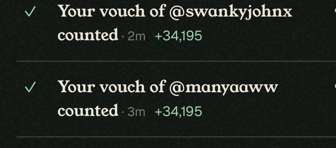 A screenshot shows two notifications confirming that the user's vouches of @swankyjoh nx and @manyaa wvv counted, each providing +34,195 XP, illustrating the XP boost the user mentions receiving from vouches.