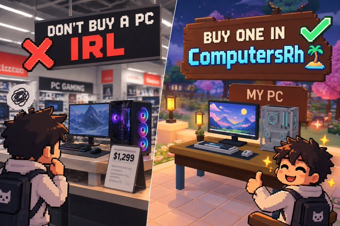 The image is a split-screen comparison: on the left, a frustrated character looks at a "$1,299" PC in a retail store under a "DON'T BUY A PC IRL" sign with a red X, while on the right, a happy character gives a thumbs up next to a PC in a game-like setting under a "BUY ONE IN ComputersRh" sign with a green checkmark and "MY PC" label—visually reinforcing the post's joke about buying dream setups in the game instead of spending real money on PCs.