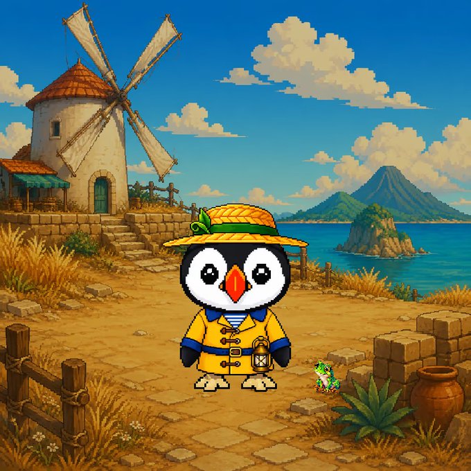 A pixel art illustration of a penguin character wearing a straw hat and yellow explorer outfit, standing in a Mediterranean-style coastal village with a windmill, mountains, and a small green lizard.