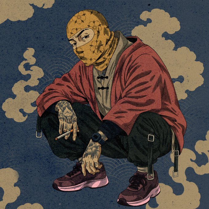 A stylized illustration depicts a tattooed figure in a floral balaclava and red kimono crouching with a cigarette against a backdrop of clouds and wave patterns, evoking the "shadows" and secretive clan theme of the post. The accompanying post announces open collaborations, inviting members to join their anonymous NFT-style "clan" by liking, retweeting, and dropping their wallet address in the comments.