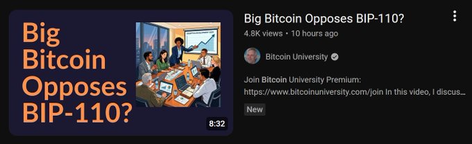 YouTube thumbnail for 'Big Bitcoin Opposes BIP-110?' by Bitcoin University, showing an animated office meeting scene.