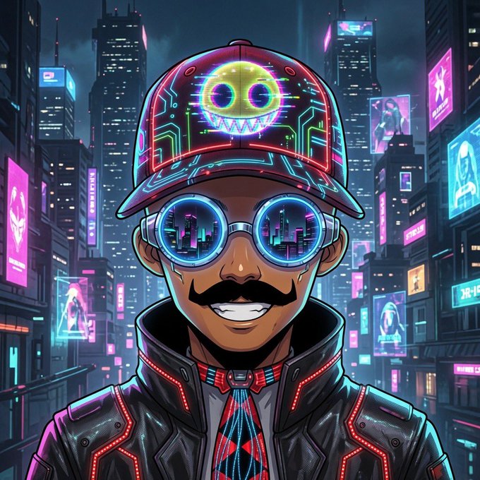 A digital illustration of a person with a mustache wearing a cap with a glowing smiley face, reflective round sunglasses showing a city skyline, and a black jacket with neon red accents, set against a neon-lit cyberpunk city background.