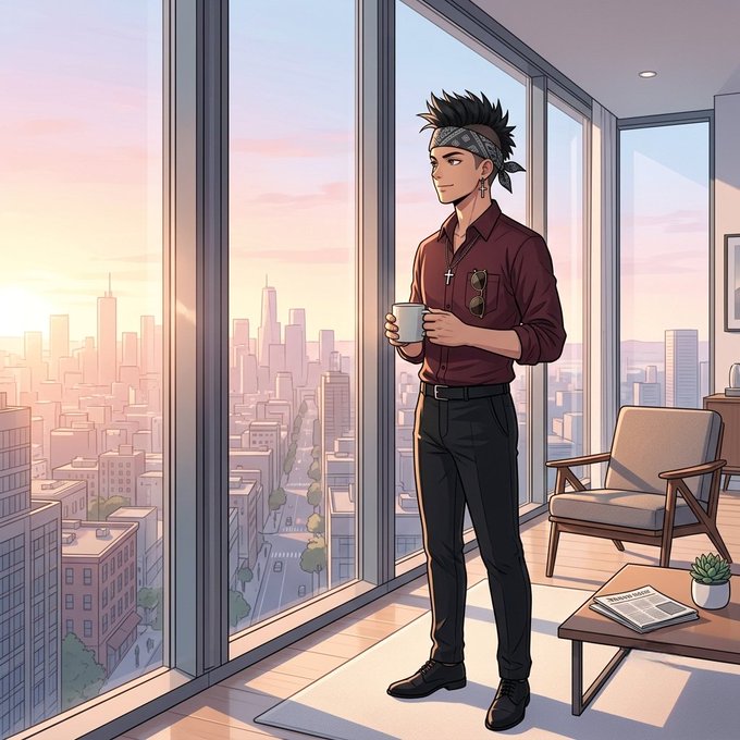 An anime-style illustration of a young man with a bandana standing by floor-to-ceiling windows overlooking a city skyline at sunset, holding a white mug.