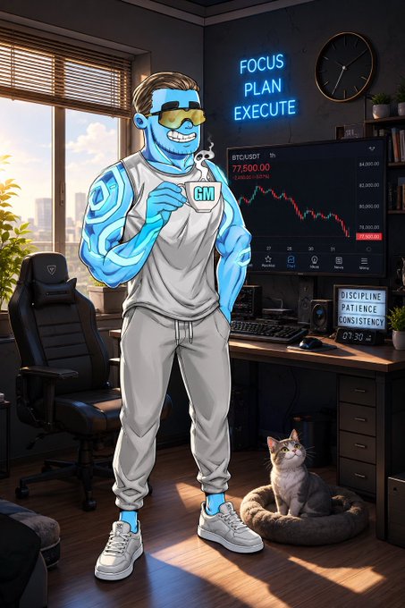 A digital illustration of a blue-skinned character wearing yellow goggles and a 'GM' shirt, holding a coffee cup in an office with a 'FOCUS PLAN EXECUTE' neon sign and a cat.