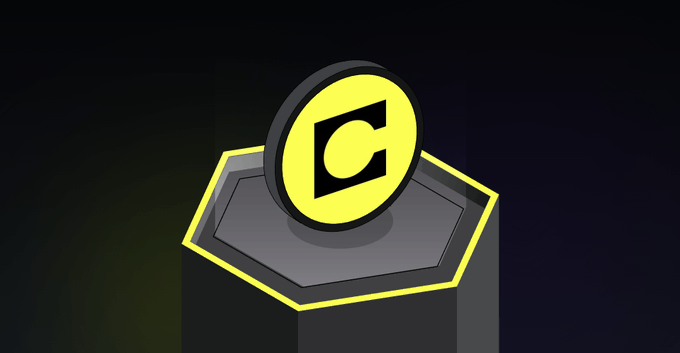 The image shows a stylized 3D rendering of a dark hexagonal pedestal outlined in yellow, with a glowing yellow coin featuring the "C" logo of the Celo blockchain hovering above it. This visual reinforces the post's theme of "heating up" momentum and rising rewards for the Celo community, symbolizing the coin being elevated or celebrated atop a platform.