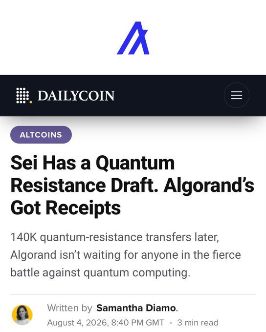 A DailyCoin article screenshot headlined 'Sei Has a Quantum Resistance Draft. Algorand's Got Receipts' under the ALTCOINS tag, written by Samantha Diampo on August 4, 2026.