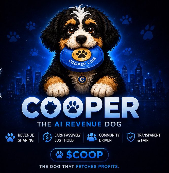 Crypto meme poster for 'COOPER - THE AI REVENUE DOG,' showing a cartoon Bernese Mountain Dog puppy holding a 'COOPER COIN' with the ticker $COOP and tagline 'THE DOG THAT FETCHES PROFITS,' highlighting revenue sharing, passive earnings, community-driven, and transparent & fair features.