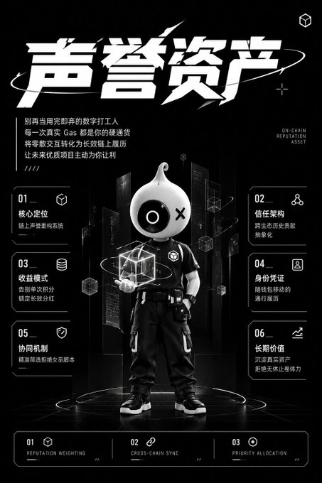 A promotional graphic for 'On-chain Reputation Asset' (声誉资产), featuring a character with a one-eyed mask and detailing six key features like core positioning, trust architecture, and reputation weighting.