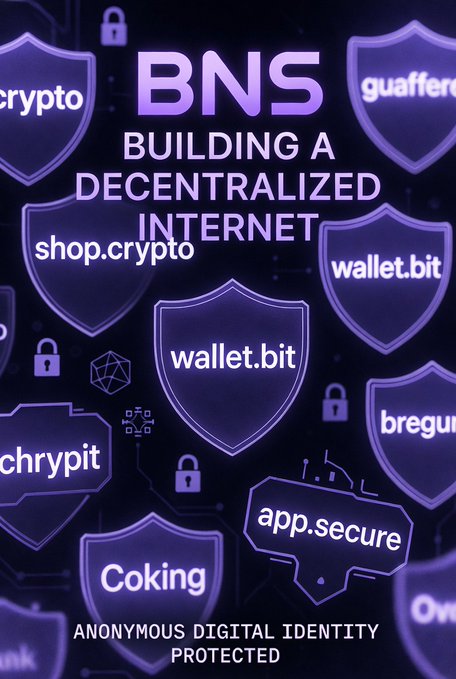 A purple-themed graphic promoting 'BNS - Building a Decentralized Internet' displays various security shield icons with labels like 'wallet.bit', 'shop.crypto', 'chrypit', and 'Coking', emphasizing 'ANONYMOUS DIGITAL IDENTITY PROTECTED'.