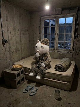 A small white teddy bear wearing a brown coat and knit hat sits thoughtfully on a thin mattress in a sparse, dimly lit concrete room. A pair of flip-flops rests on the floor nearby, and a window reveals an urban view outside.