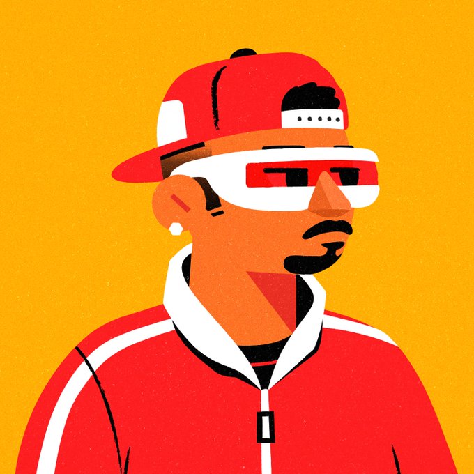 A stylized illustration of a bearded man in profile wearing a red tracksuit jacket, white sunglasses, a red backward cap, and white earbuds against a yellow background.