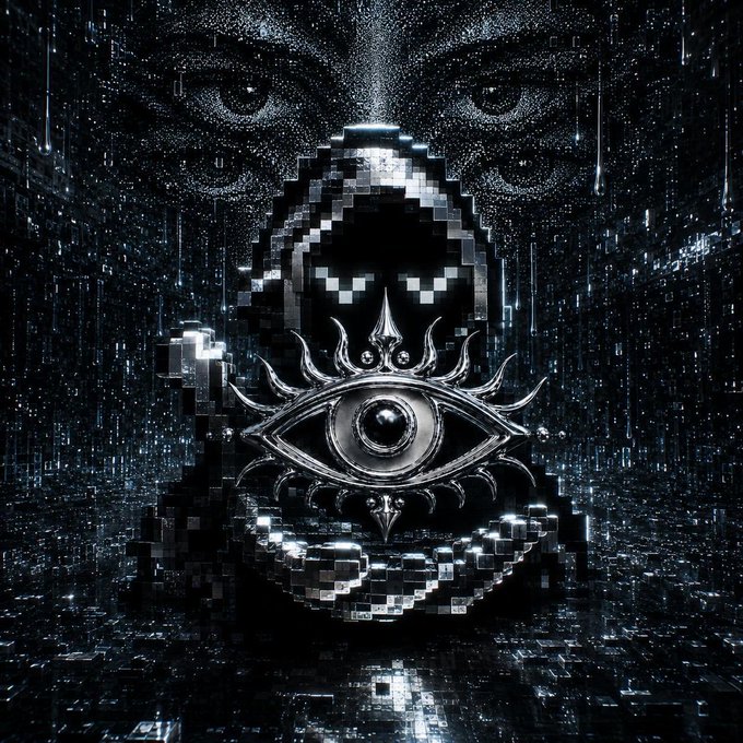 A dark, pixelated hooded figure with glowing eyes stands before a pair of large, ominous eyes, holding the "0xNTRPY" crypto-mystic logo—an emblem fitting for the NFT giveaway contest mentioned in the post.
