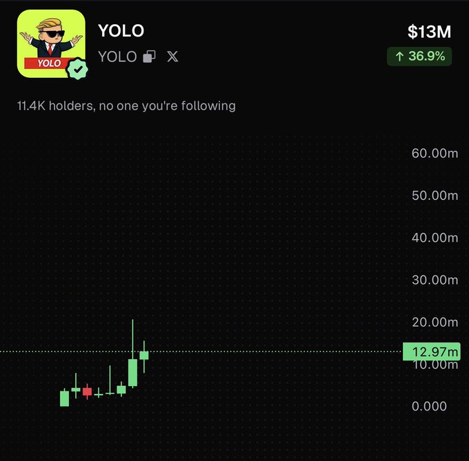A cryptocurrency or token profile for 'YOLO' showing a market cap of $13M and an increase of 36.9%, with 11.4K holders and a candlestick chart showing a value around 12.97m.