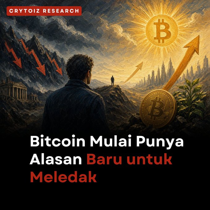 A 'CRYTOIZ RESEARCH' graphic titled 'Bitcoin Mulai Punya Alasan Baru untuk Meledak' (Indonesian for 'Bitcoin Has New Reasons to Explode') featuring Bitcoin imagery and directional arrows.