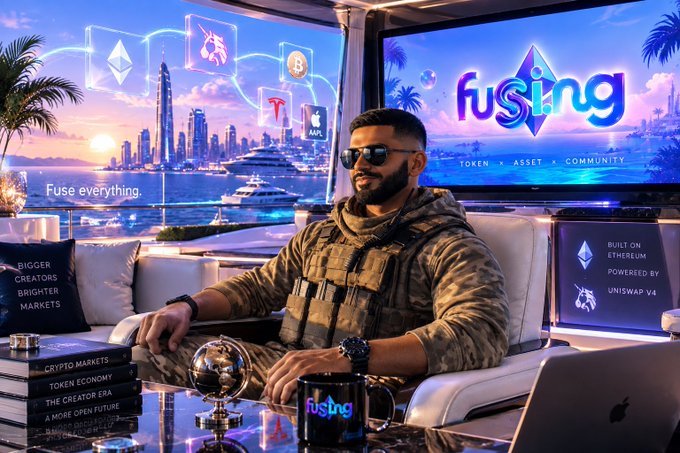 A man in military-style tactical gear and sunglasses sits in a modern lounge setting with screens displaying "Fusing" branding, along with text like "Fuse everything," "Built on Ethereum," and "Powered by Uniswap V4."