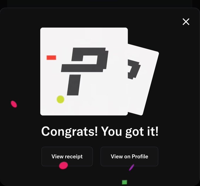 A digital popup celebrating a successful NFT mint, featuring pixelated artwork of the number "27" with the message "Congrats! You got it!" along with "View receipt" and "View on Profile" buttons—corresponding to the post announcing the minting of a Pixona Org NFT with the number 27 on the way home from work.