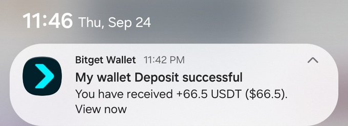 A screenshot of a phone notification at 11:46 PM on Thu, Sep 24 shows a Bitget Wallet alert confirming a successful deposit of +66.5 USDT ($66.5). The notification supports the post celebrating a modest Web3 earnings milestone with gratitude.