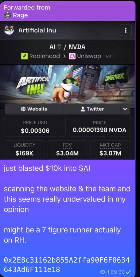 A screenshot of a forwarded message from "Rage" showing details about "Artificial Inu" (ticker $AI / NVDA) listed on Robinhood/Uniswap with a price of $0.00306 and $3.07M market cap, alongside a promotional post claiming "$10k" was invested and the coin could be a "7 figure runner." The image appears unrelated to the accompanying "$15 giveaway" post, likely posted to fulfill engagement requirements for the giveaway rather than genuinely connecting to it.