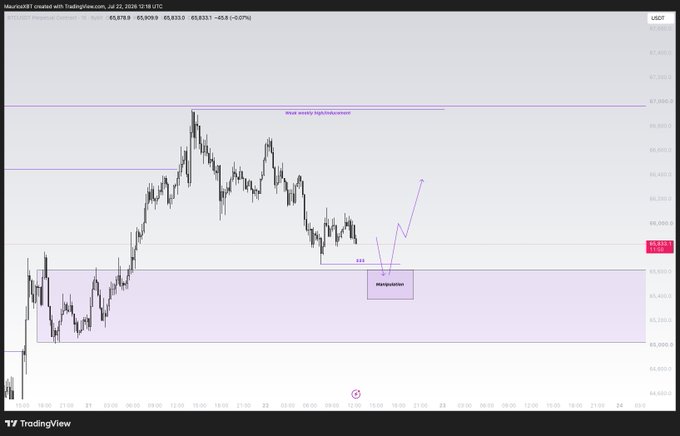 TradingView candlestick chart for Microsoft (MSFT) showing a price around 65.83 with annotations marking 'manipulation' zones and a 'Weak supply highs/inducement' level.