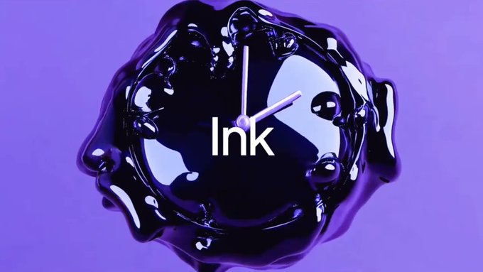 A purple background features a glossy black ink splatter formed into a clock face, with the word "Ink" displayed in white in the center, symbolizing the ticker $INK referenced in the post celebrating its mascot art from Kraken at a $2.8M market cap.