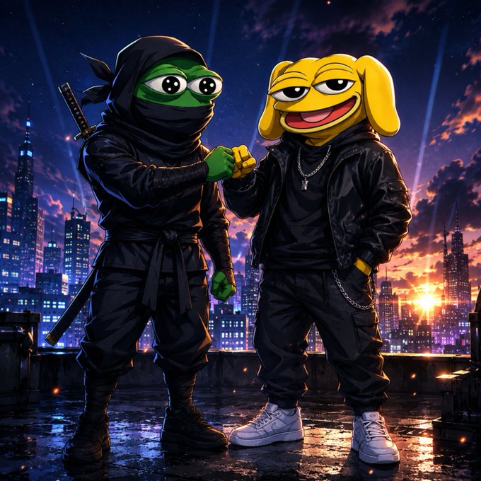 So, let's look at the image. There are two characters: one is a green frog in a ninja outfit (Pepe), and the other is a yellow dog (Andy). The post mentions $Pepe and $Andy, so we need to connect that. The image shows these two characters together. Let's describe them concisely.

First, identify the characters: a green frog ninja (Pepe) and a yellow dog (Andy). They're on a rooftop with a city skyline. The key is to mention the characters and the relation to the post's text.

So, "A green frog ninja and a yellow dog stand together on a rooftop against a city skyline, representing the $Pepe and $Andy characters mentioned in the post." Wait, need to be concise. Let's check the image details. The frog is in ninja gear, the dog is in streetwear. The post says "$Pepe $Andy", so