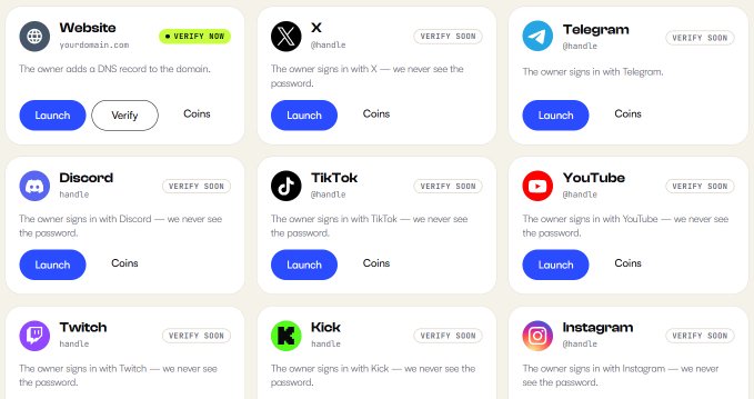 A UI design grid showing various social media and platform verification cards for Website, X, Telegram, Discord, TikTok, YouTube, Twitch, Kick, and Instagram, each with 'Launch' and 'Coins' options and 'VERIFY SOON' badges.