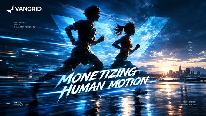 The image shows two silhouetted figures—a man and woman—running dynamically against a dramatic blue-lit backdrop with a city skyline, featuring the VANGRID logo and tagline "MONETIZING HUMAN MOTION" alongside text like "REAL PEOPLE, REAL DATA, A SMARTER TOMORROW" and "WALK RUN SCAN EARN."

This visual reinforces the post's message by symbolizing how VANGRID captures authentic human movement to provide the real-world physical data that AI needs beyond what the internet alone can offer.