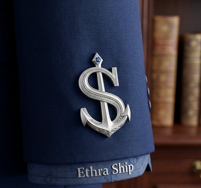 A close-up of a navy blue garment sleeve featuring an ornate silver pin combining an 'S' with an anchor design and a blue gem, with text 'Ethra Ship' at the bottom and old books in the background.
