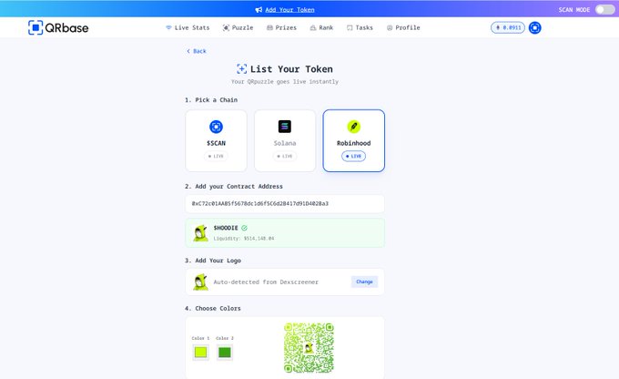 The image shows QRbase's "List Your Token" page where the Robinhood Chain (LVM) has been selected as the chain option, with a token contract address (0xC72c91A8B5fA768bc3b5f5C6D84179fID4B28a3) for SHROOM already added. This visually demonstrates the new feature mentioned in the post, showing how users can now list their Robinhood Chain tokens on the QRbase platform to gain visibility through the puzzle game.