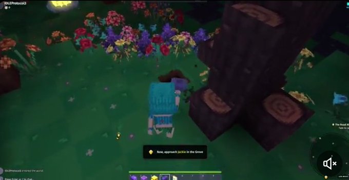 The image shows two people playing a video game, specifically a Minecraft game, that takes place in a garden setting with trees and flowers. One of the players is wearing blue and has a backpack while the other player is not visible at this moment. The game allows the players' browsers to be used as computing nodes and offers them the option to earn USDC for playing. A dialogue box is present, suggesting that they are discussing their strategy or sharing information about how to progress in the game.