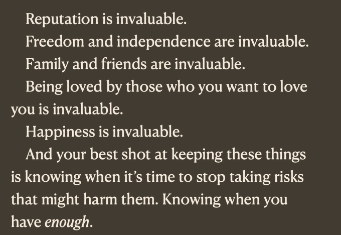 This image displays text emphasizing the immeasurable value of reputation, freedom, relationships, love, and happiness. It relates to the post by highlighting that true wealth lies in these intangible aspects, contrasting them with the superficial pursuit of money through risky or unethical means.