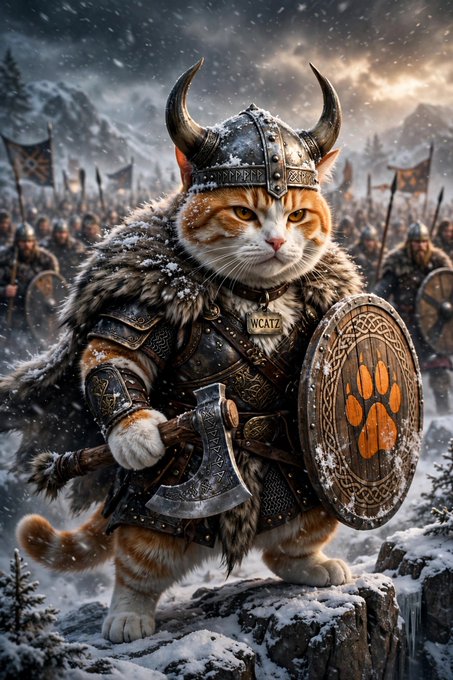 A fantasy illustration depicts an orange tabby cat dressed as a Viking warrior wearing a horned helmet, fur cloak, and labeled 'WCAT', wielding an axe and a shield with a paw print emblem in a snowy battlefield.
