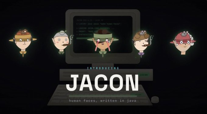 The image is a promotional graphic for "JACON," a Java-based project that uses code to generate cartoon human faces, with the tagline "human faces, written in java." It features stylized character avatars around a computer screen showing code (Location, Location, Pointer, Identifier), tying into the NFT-related post about rebuilding JACON characters as collectible avatars.