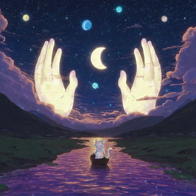 A dreamy digital illustration depicting a cat sitting in a small boat on a glowing purple river, looking up at two massive luminous hands cradling a crescent moon in a starry night sky with multiple planets.