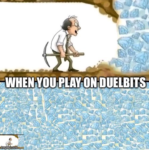 The image is a meme showing a cartoon miner with a pickaxe walking along a tunnel where one side is filled with diamonds, captioned "WHEN YOU PLAY ON DUELBITS." It humorously conveys the post's message that playing on the @Duelbits betting platform results in endless wins, symbolized by the abundant diamonds the miner is surrounded by.