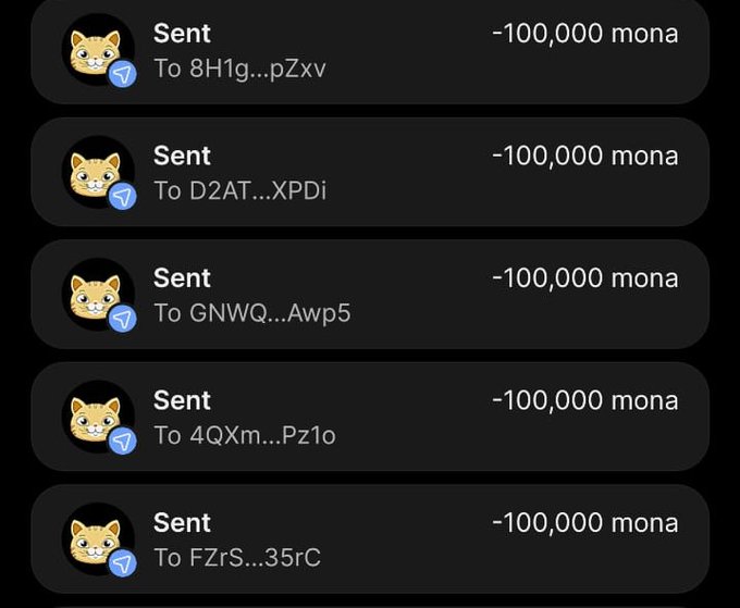 The image shows a transaction history displaying five "Sent" transfers of 100,000 mona each to various wallet addresses (8H1g...pZxv, D2AT...XPDi, GNWQ...Awp5, 4QXm...Pz1o, and FZrS...35rC), which appears to provide evidence supporting the giveaway claim of distributing 1,000 $MONA to the first 1,000 wallets as advertised in the post.