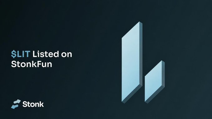 Promotional graphic announcing "$LIT Listed on StonkFun" with the Stonk logo, featuring blue 3D geometric shapes on a dark background that visually represent the StonkFun branding alongside the $LIT ticker mentioned in the launch announcement.