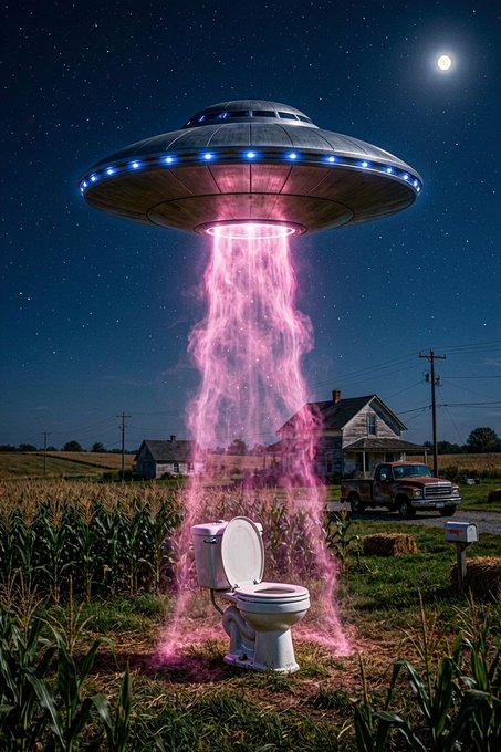 A surreal digital artwork of a UFO hovering over a rural farm field at night, beaming a pink tractor beam down onto a white toilet, with a house, pickup truck, and moonlit starry sky in the background.