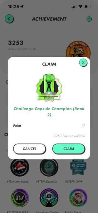 An achievement screen showing 3253 Achievement Points with a 'CLAIM' popup for 'Challenge Capsule Champion (Rank 2)' costing 1 point, from a fitness app.