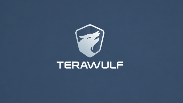 The image displays the TeraWulf logo, featuring a stylized wolf head within a hexagonal shield above the company name "TERAWULF" in white text on a dark blue background, which corresponds to the $WULF ticker mentioned in the news about the company's stock decline following New York's moratorium on new large-scale data centers.