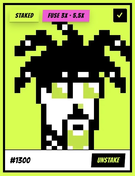 A pixelated trading card-style NFT of a character with wild black hair on a bright green background, marked 'STAKED' with a 'FUSE 3X - 5.5X' label, numbered #1300, with an 'UNSTAKE' button in the corner.