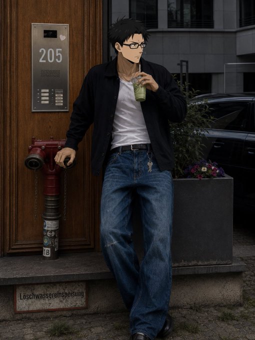 An anime-style illustration of a young man with glasses drinking from a green cup while leaning against a red fire hydrant outside an apartment building marked "205".