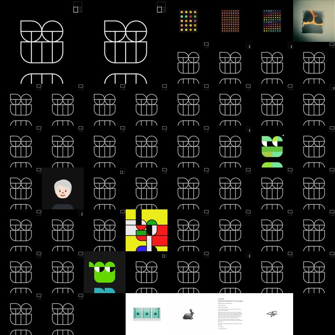 A black background filled with a grid of white logos, interspersed with colorful graphic designs, a cartoon character with sunglasses, and some text documents at the bottom.